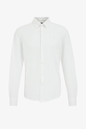 Fehér hosszú ujjú ing könnyű anyagból, gombos gallérral, elöl gombokkal és egy diszkrét logóval a mellrészen.