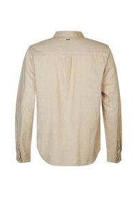 Lichtbeige langemouwen shirt van zachte stof. Voorzien van een kraag met knopen, een rugplict en knoopmanchetten. Minimalistisch ontwerp. 