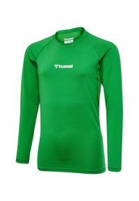 Langärmliges Sportshirt, grün, aus elastischem Material. Mit Rundhalsausschnitt und dem "hummel"-Logo auf der Vorderseite bedruckt. Glatte Textur.