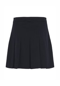 Fustă neagră plisată cu o textură netedă, talie elastică și o siluetă evazată, având pliseuri adânci dispuse uniform pentru detalii de design.