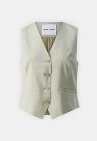 Hellbeige Weste mit V-Ausschnitt, fünf Knöpfen und zwei seitlichen Taschen. Glatte Textur mit taillierter Passform und einem subtilen Glanz.