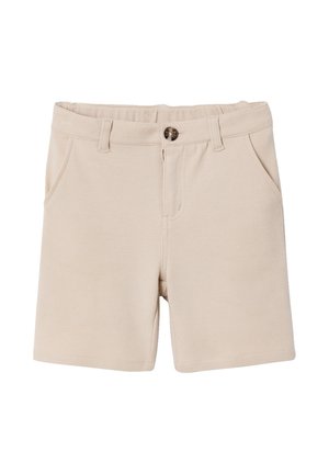 Beige cotton shorts with button closure, belt loops, and two front pockets, designed for casual wear.