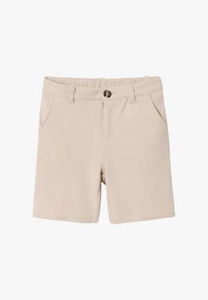 Beige cotton shorts with button closure, belt loops, and two front pockets, designed for casual wear.
