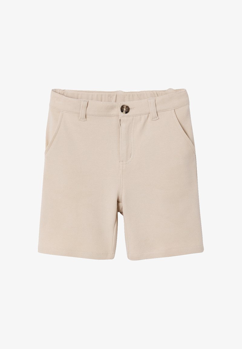 Beige cotton shorts with button closure, belt loops, and two front pockets, designed for casual wear.