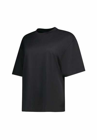 T-shirt noir uni à manches courtes, col rond, coupe ample sur fond blanc.