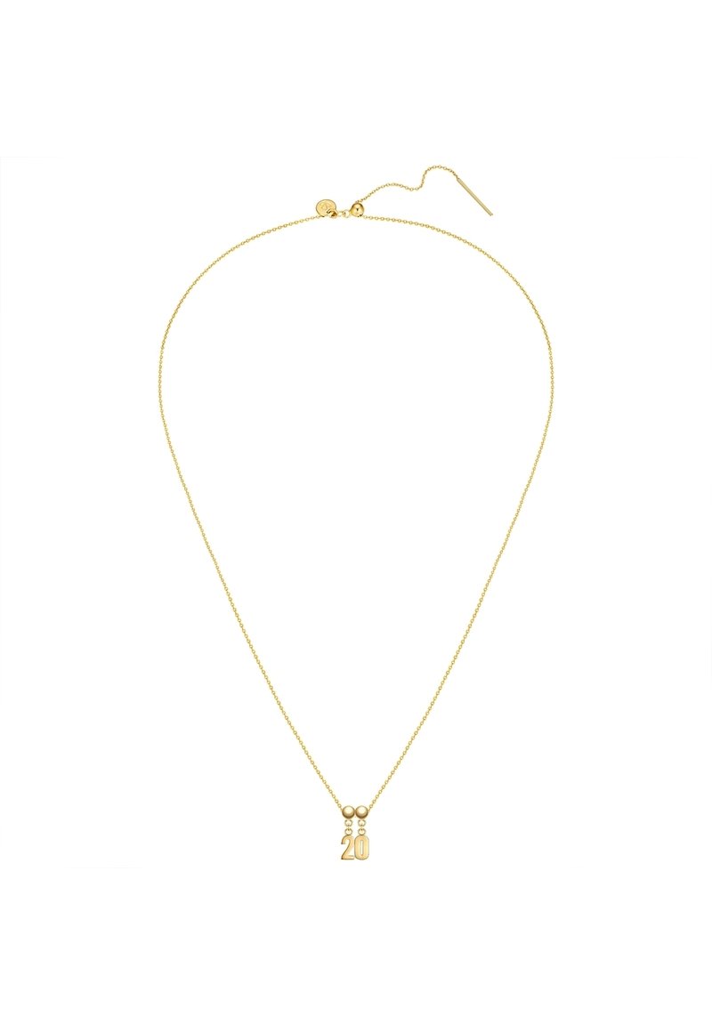 Guldkedja med en enkel design som har ett hänge med siffran "20" och två cirkulära dekorationer.