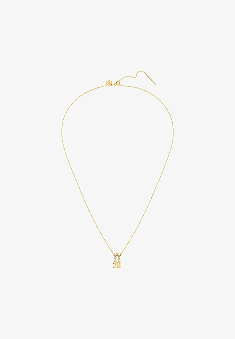 Guldkedja med en enkel design som har ett hänge med siffran "20" och två cirkulära dekorationer.