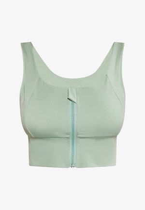 Mentolový športový podprsenka bez švov s širokými ramienkami a predným zipsom. Hladká textura a skrátená dĺžka.