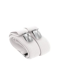 White textile belt with a woven texture, featuring two silver metal clips for fastening. Rolled neatly for display.