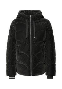 Giubbotto imbottito nero con cappuccio, dotato di chiusura con zip, design trapuntato, polsini elasticizzati con una striscia bianca e una superficie liscia.