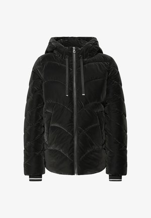 Schwarze Steppjacke mit Kapuze, Zip-Verschluss, gestepptem Design, elastischen Manschetten mit einem weißen Streifen und einer glatten Textur.