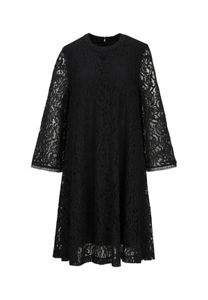 Schwarzes knielanges Kleid mit floraler Spitze als Überlagerung und halbtransparenten langen Ärmeln, mit rundem Ausschnitt und A-Linien-Silhouette.