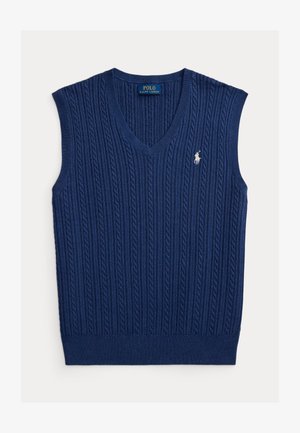 Tamsiai mėlynas megztas be rankovių megztinis su V formos kaklu, ribotu raštu ir mažu baltu logotipu ant krūtinės.