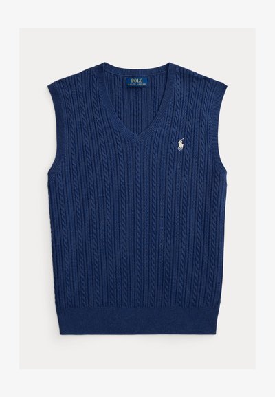 Marineblauer, gestrickter, ärmelloser Pullover mit V-Ausschnitt, Rippenstruktur und kleinem weißen Logo auf der Brust.