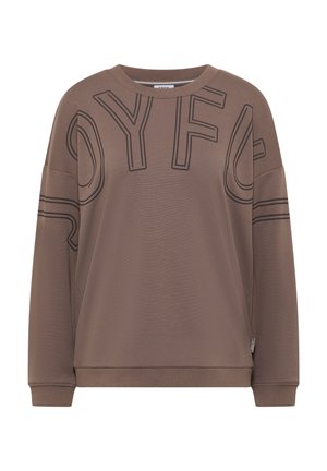 Brun oversize-tröja med svart text "OYFC" på framsidan, ribbad rund halsringning och långa ärmar. Tillverkad av mjukt, texturerat material.