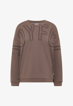 Sweat-shirt marron oversize avec le texte noir "OYFC" sur le devant, encolure ronde côtelée et manches longues. Fabriqué en matériau doux et texturé.