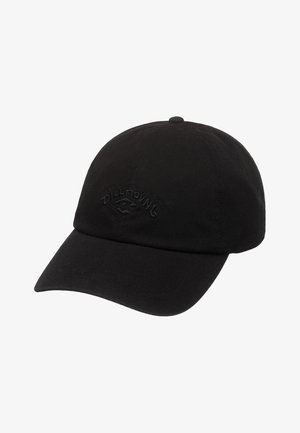 Schwarze Baseballmütze aus Baumwolle, mit einem gebogenen Schirm und einem gestickten Logo in passender Farbe auf der Vorderseite.