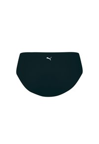 Schwarze Schwimmslip mit einem glatten, elastischen Stoff und einem weißen Puma-Logo, das in der Mitte auf der Vorderseite platziert ist. Einfaches und aerodynamisches Design.