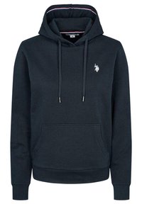 Marinblå hoodie gjord av bomull, med en framficka, dragsko och en liten broderad logo på bröstet. Strukturerad tyg.