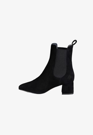 Black suede ankle boot with block heel, elastic side panel, and pull tab at the back, shown from the outer side.