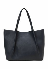 Sac fourre-tout en cuir navy avec surface texturée, deux poignées robustes et une conception à ouverture sur le dessus. Présente une forme minimaliste et un intérieur spacieux.
