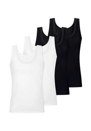 Zwei weiße und zwei schwarze ärmellose Damen-Tanktops mit gewelltem Saum rund um die Rundhalsausschnitte, gestapelt in versetzter Anordnung.