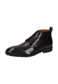 Botas de tobillo de cuero negro con una textura suave, punta redonda, cordones en la parte delantera y una lengüeta. Cuentan con una suela de goma duradera y sutiles detalles decorativos.