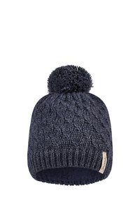 Dark blue knitted winter beanie with a pom-pom on top and a small beige tag on the side against a white background.