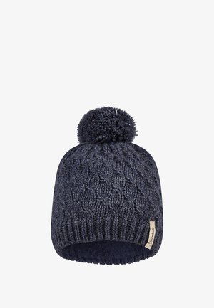 Dark blue knitted winter beanie with a pom-pom on top and a small beige tag on the side against a white background.