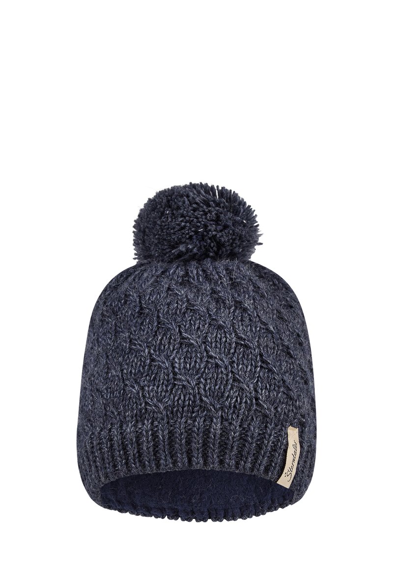 Dark blue knitted winter beanie with a pom-pom on top and a small beige tag on the side against a white background.