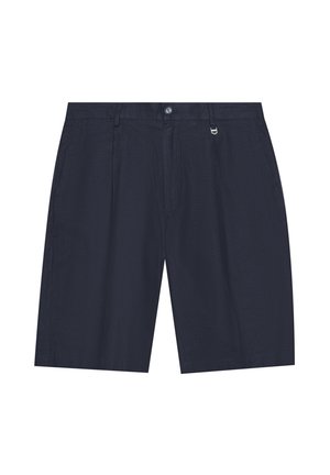 Bermudas azul marino de tejido ligero, con frente plano, bolsillos laterales y cierre de un solo botón.