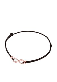 Svart snoddarmband med en roséguld oändlighetssymbol och två små rundade accenter. Justerbar knut för storlek. Slät yta, minimalistisk design.
