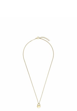 Gouden kettinkje met een klein hangertje in de vorm van een hartvormig hangslot en verstelbare sluiting, op een witte achtergrond.