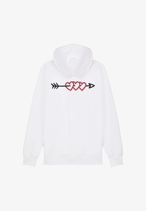 Felpa bianca con cappuccio caratterizzata da una freccia nera con tre cuori rossi ricamati sulla schiena. Tessuto morbido, vestibilità standard e tasca a marsupio.