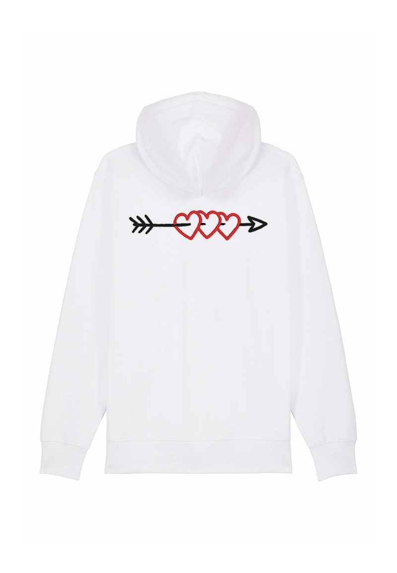 Hoodie blanc avec une flèche noire brodée et trois cœurs rouges sur le dos. Tissu doux, coupe standard et poche kangourou.