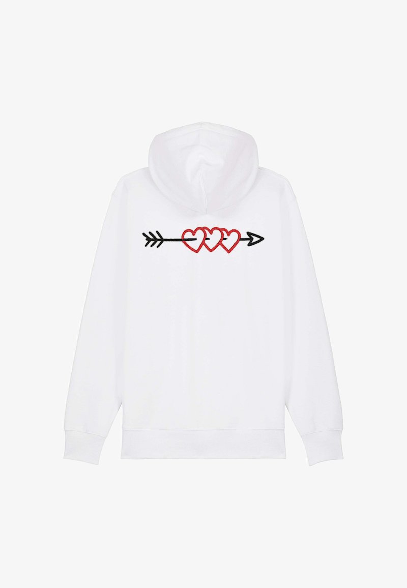 Felpa bianca con cappuccio caratterizzata da una freccia nera con tre cuori rossi ricamati sulla schiena. Tessuto morbido, vestibilità standard e tasca a marsupio.