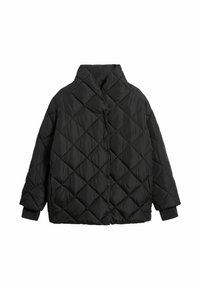 Schwarze gesteppte Jacke mit einem Rautenmuster, hohem Kragen und elastischen Bündchen. Hergestellt aus leichtem, wattiertem Material für Wärme.