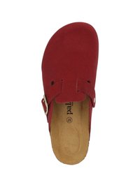 Scarpa slip-on rossa in suede con due cinturini con fibbia, sottopiede sagomato, suola piatta e soletta testurizzata per il comfort.