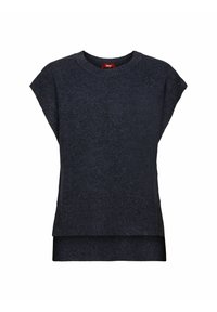 Pull sans manches gris foncé en maille avec col rond et ourlet côtelé, superposé sur un bas en maille plus long.