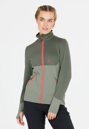 Green jacket with a high collar, full zipper, and pink accents. Features long sleeves and two zipper side pockets. Textured fabric.
