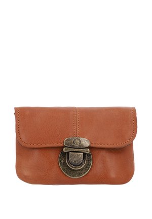 Brown leather clutch with a flap closure and brass hardware. Smooth texture and contrasting stitching along the edges. Compact rectangular shape.