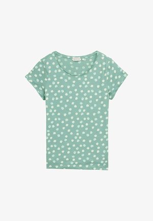Miętowa koszulka z krótkimi rękawami, z rozproszonym białym wzorem w kropki. Okrągły dekolt, miękki materiał bawełniany, luźny krój.