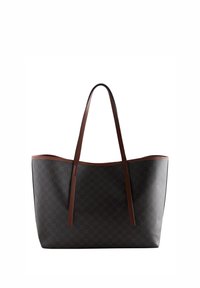 Grand sac fourre-tout en matériau synthétique sombre à motif, avec des anses en cuir marron, ouverture supérieure et bords arrondis.