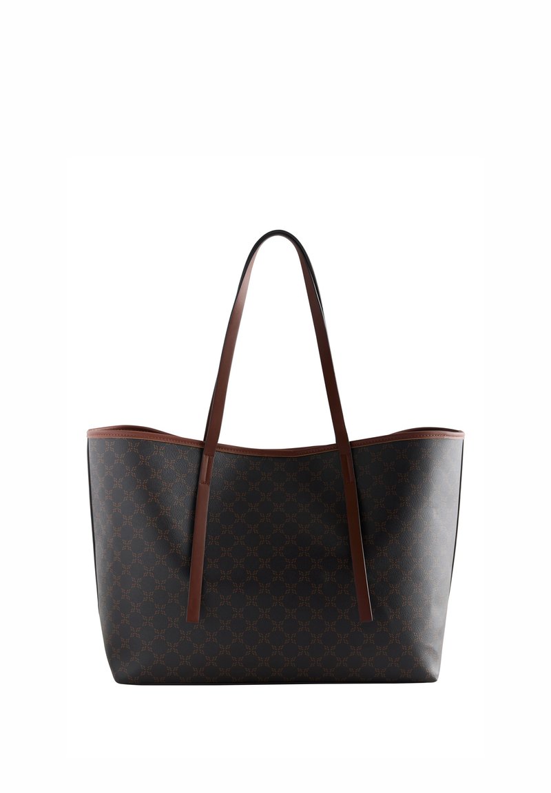 Grand sac fourre-tout en matériau synthétique sombre à motif, avec des anses en cuir marron, ouverture supérieure et bords arrondis.