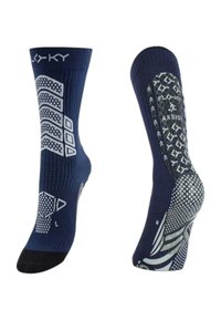 Calzini sportivi navy con pattern di grip testurizzati, caratterizzati da accenti argentati e aree rinforzate sulla punta e sul tallone. Indicatori sinistro e destro presenti.