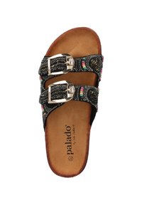 Sandalias negras con doble hebilla, adornadas con cuentas de colores y acentos metálicos, con una plantilla texturizada y una suela similar al cuero.
