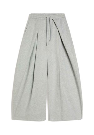 Pantalon gris clair à jambes larges avec taille élastique et cordon à l'avant, en tissu doux, posé à plat sur un fond blanc.