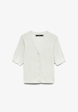 Weißes Strick-Cardigan mit kurzen Ärmeln, V-Ausschnitt und fünf Knöpfen vorne, mit gerippten Bündchen und Saum.