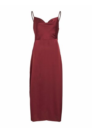 Burgundy slip dress with thin adjustable straps, a sweetheart neckline, and a smooth satin texture. Streamlined, fitted silhouette to knee length.
