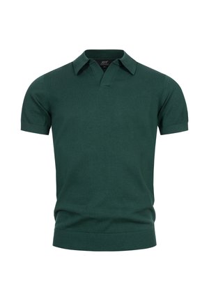Polo a maniche corte verde scuro con colletto, polsini e orlo a coste, mostrata su uno sfondo bianco.